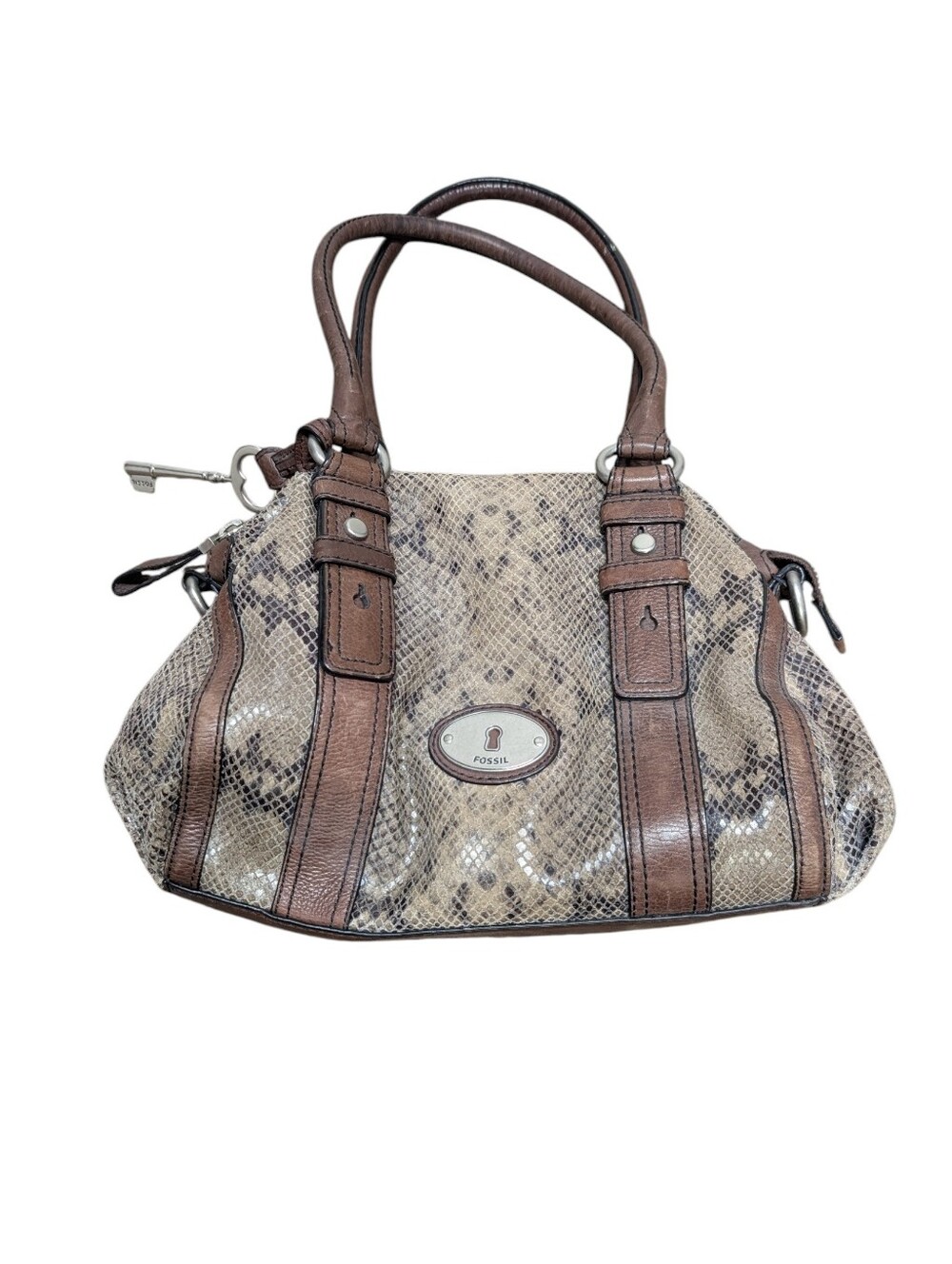 FOSSIL Maddox Snakeskin Brown Snake & Leather Satchel Purse Bag with Key